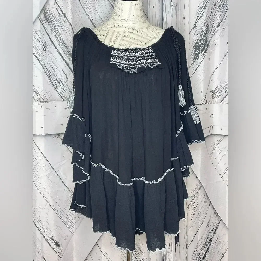 Free People Black Santiago Embroidered Floral Cotton Mini Dress Size S